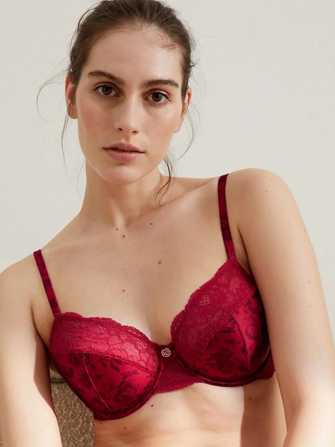 

Marks & Spencer Floral Lace & Silk Underwired Everyday Bra, Maroon