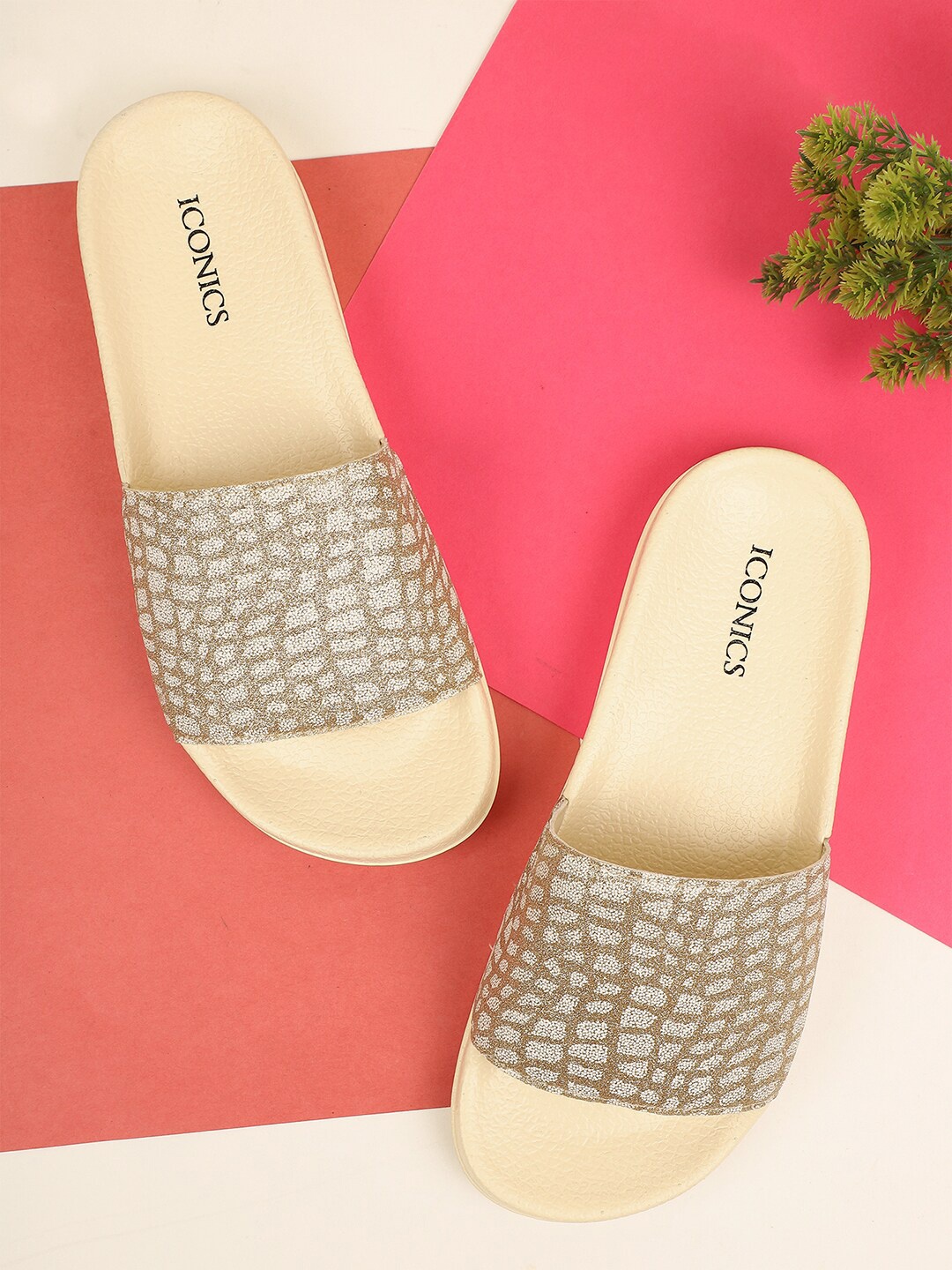 

ICONICS Women Open Toe Printed Sliders, Beige