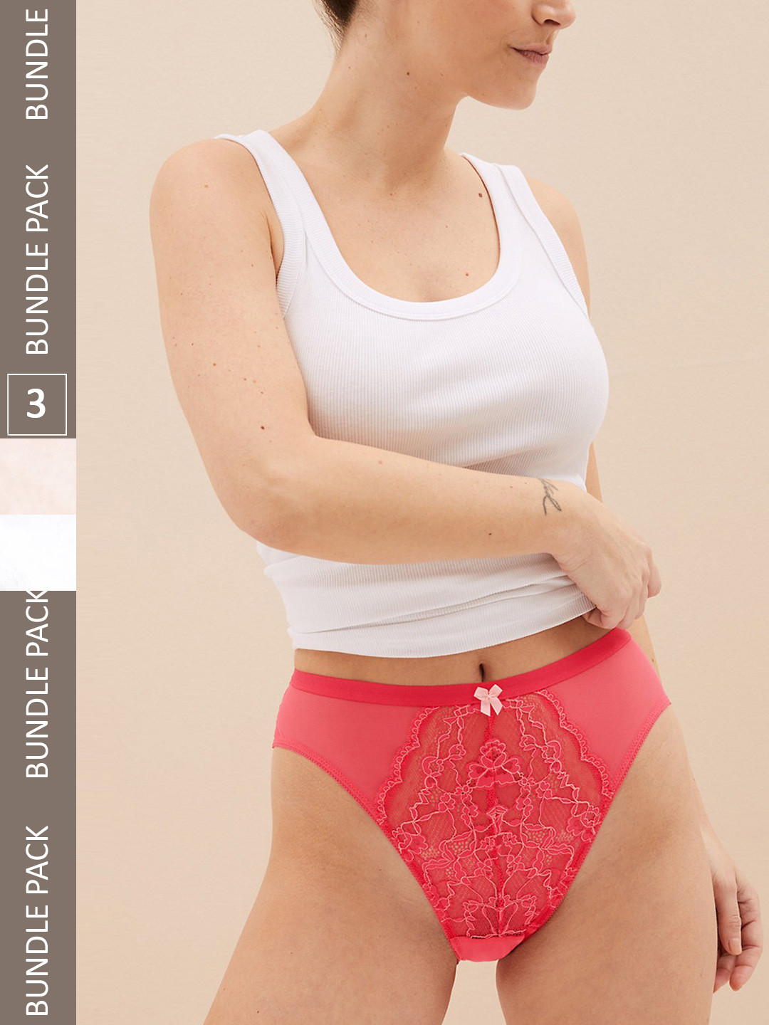 

Marks & Spencer Women Pack Of 3 Self Design Lace Basic Briefs, Pink