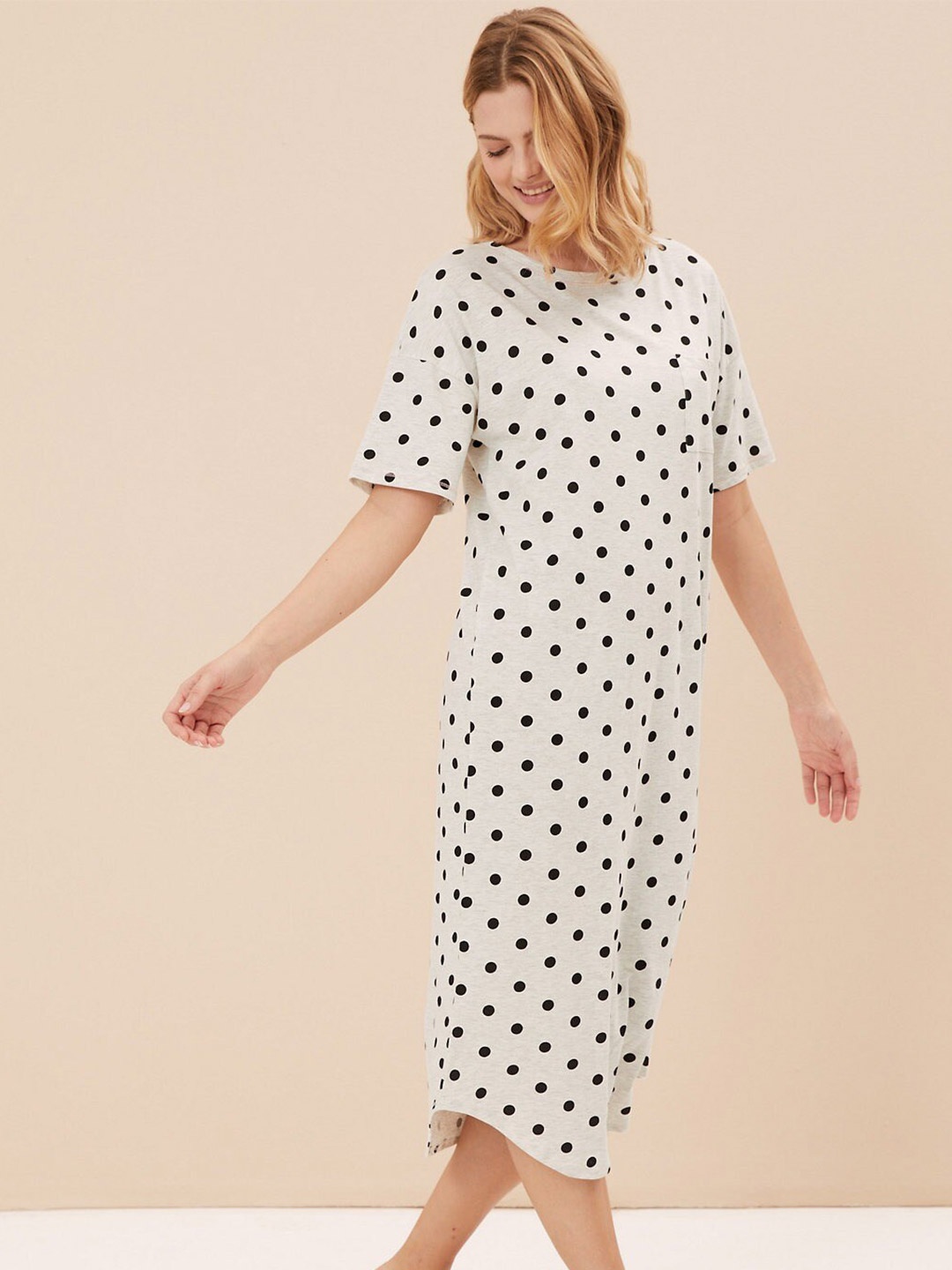 

Marks & Spencer Pack Of 2 Polka Dots Printed Pure Cotton T-shirt Nightdress, Black