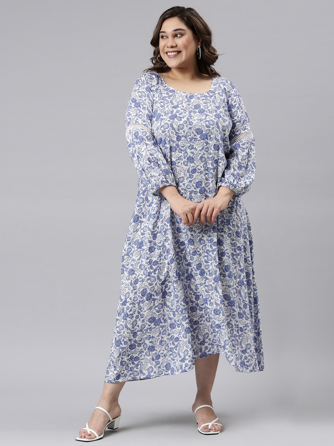 

The Pink Moon White Floral Linen A-Line Midi Dress