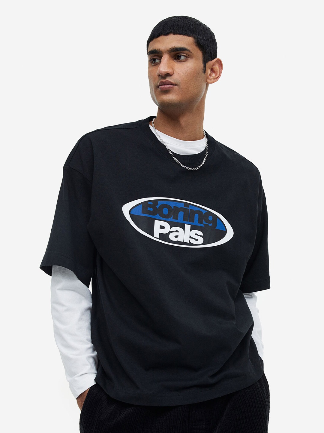 H&M Men Oversized Fit Printed T-Shirt, Black