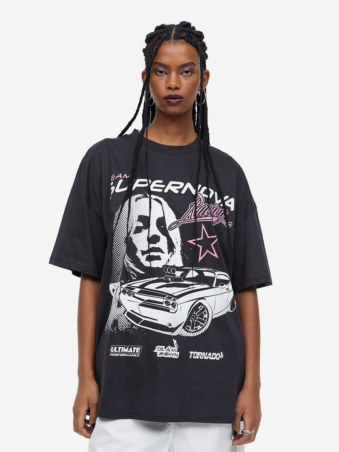 

H&M Women Oversized Printed T-Shirt, Black