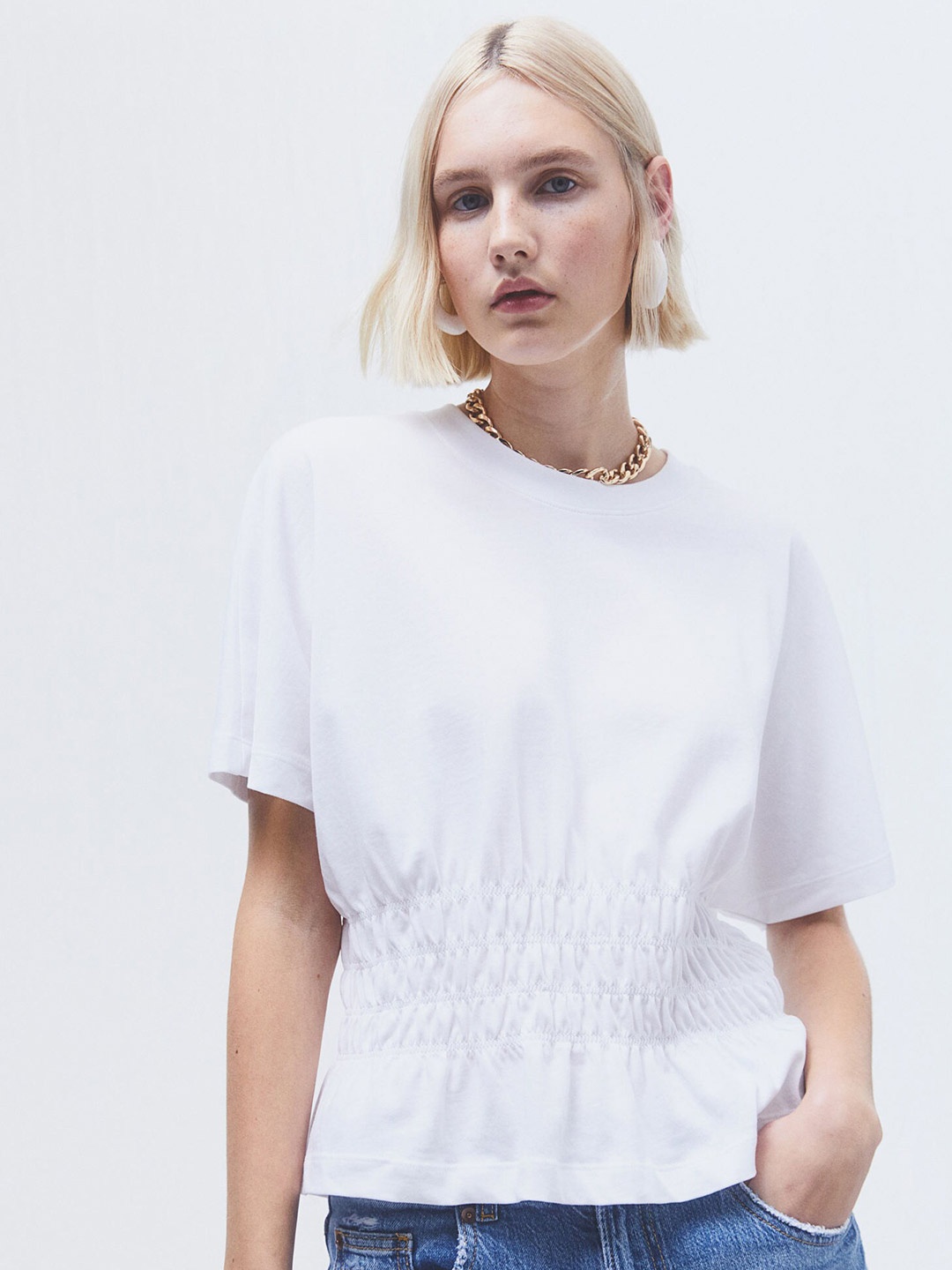 

H&M Women Smocked-Waist Top, White