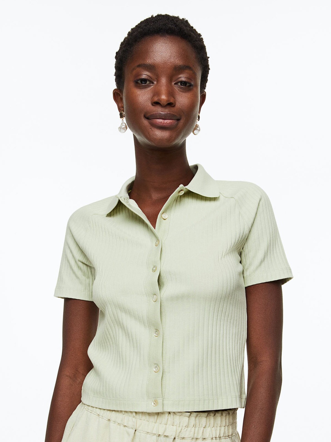 

H&M Women Collared Button-Front Top, Sea green