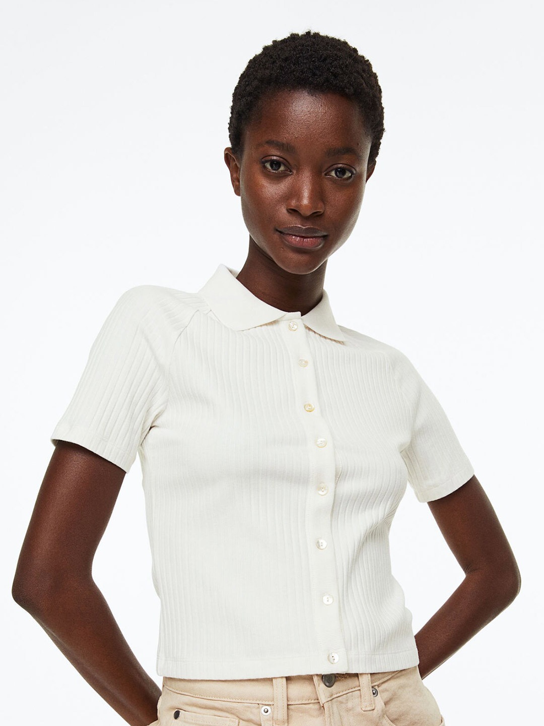 

H&M Women Collared Button-Front Top, White