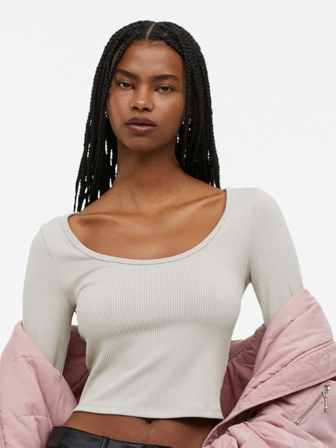 

H&M Women Ribbed Jersey Top, Beige