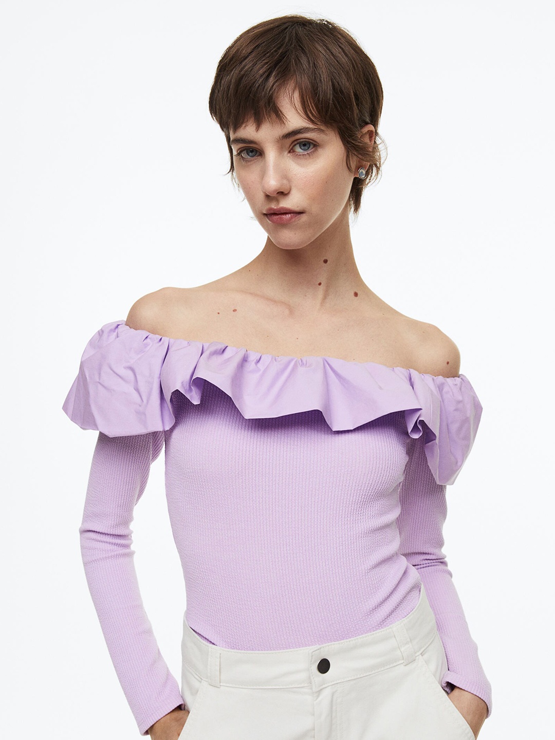 

H&M Women Flounce-Trimmed Off-The-Shoulder Top, Purple