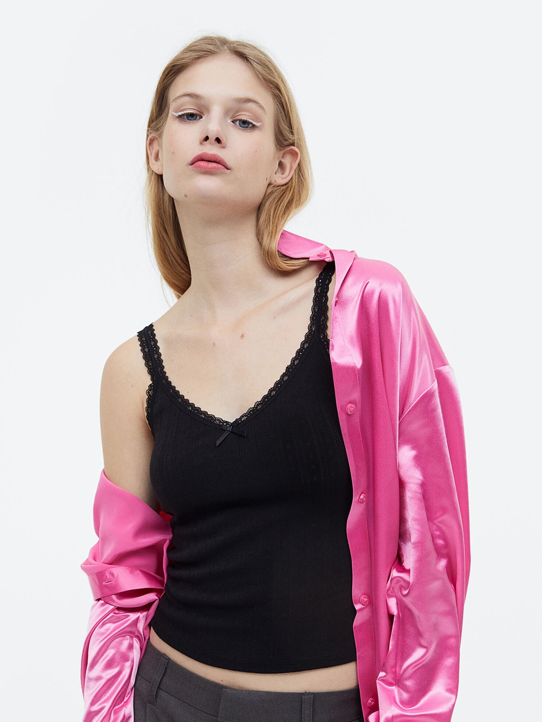 

H&M Women Lace-Trimmed Ribbed Vest Top, Black