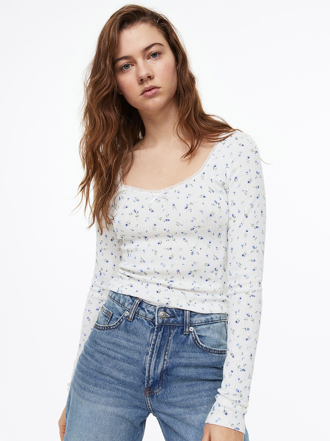 

H&M Women Lace-Trimmed Pointelle Jersey Top, White