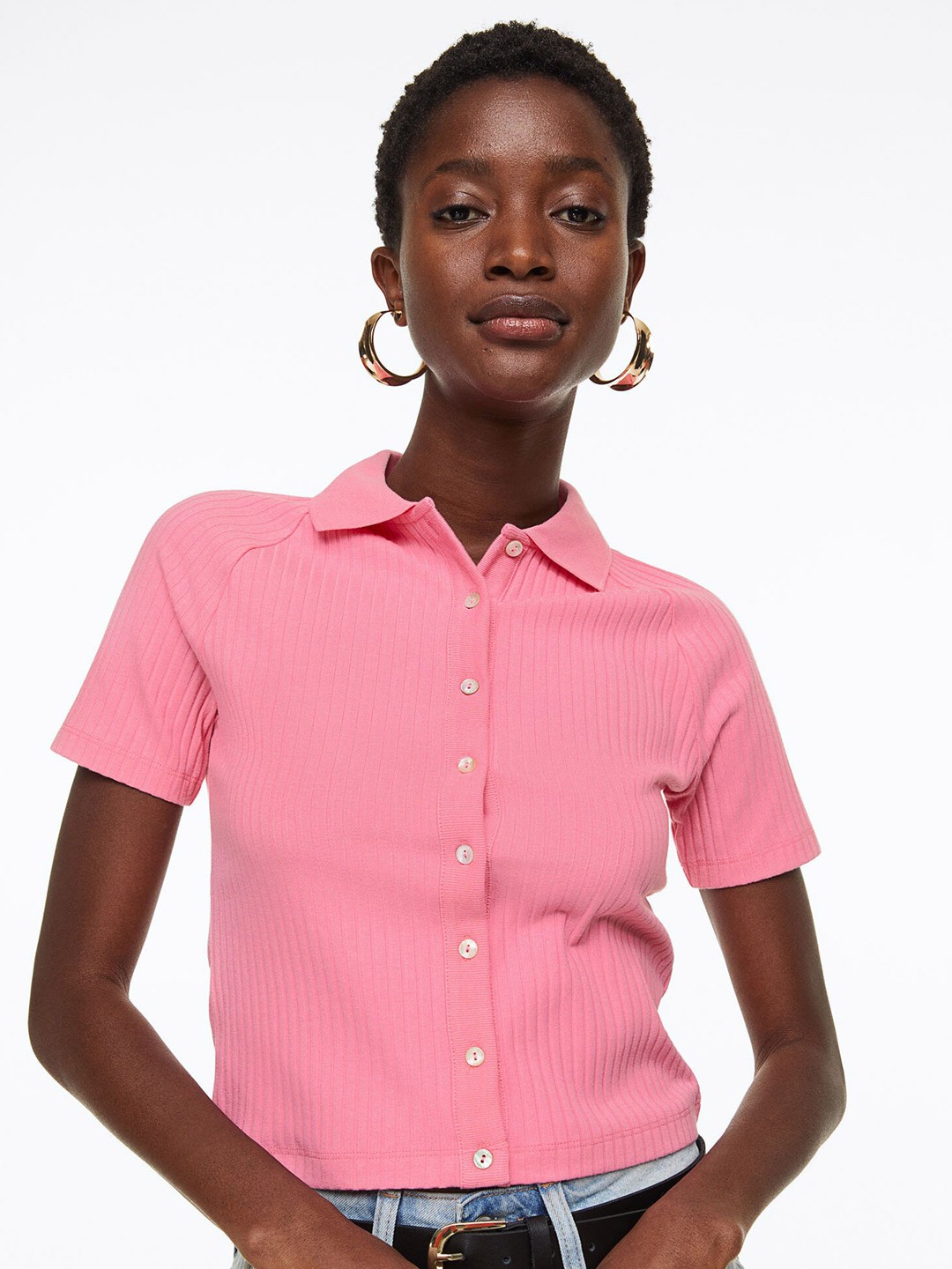 

H&M Women Collared Button-Front Top, Pink