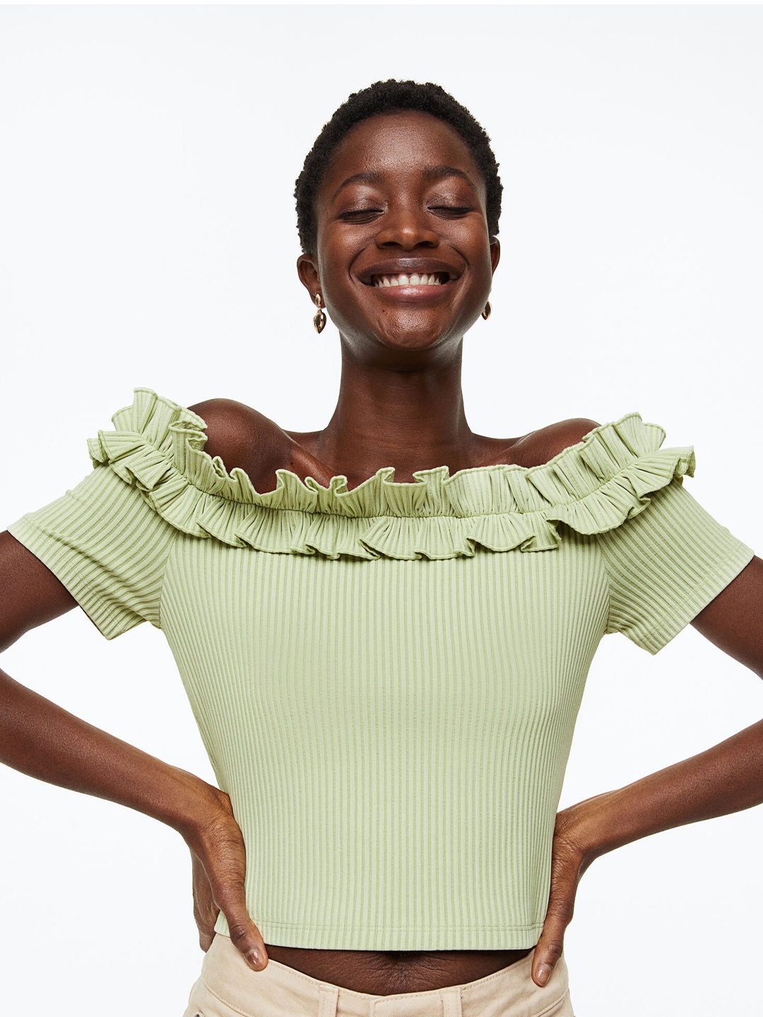 

H&M Women Frill-Trimmed Off-The-Shoulder Top, Olive