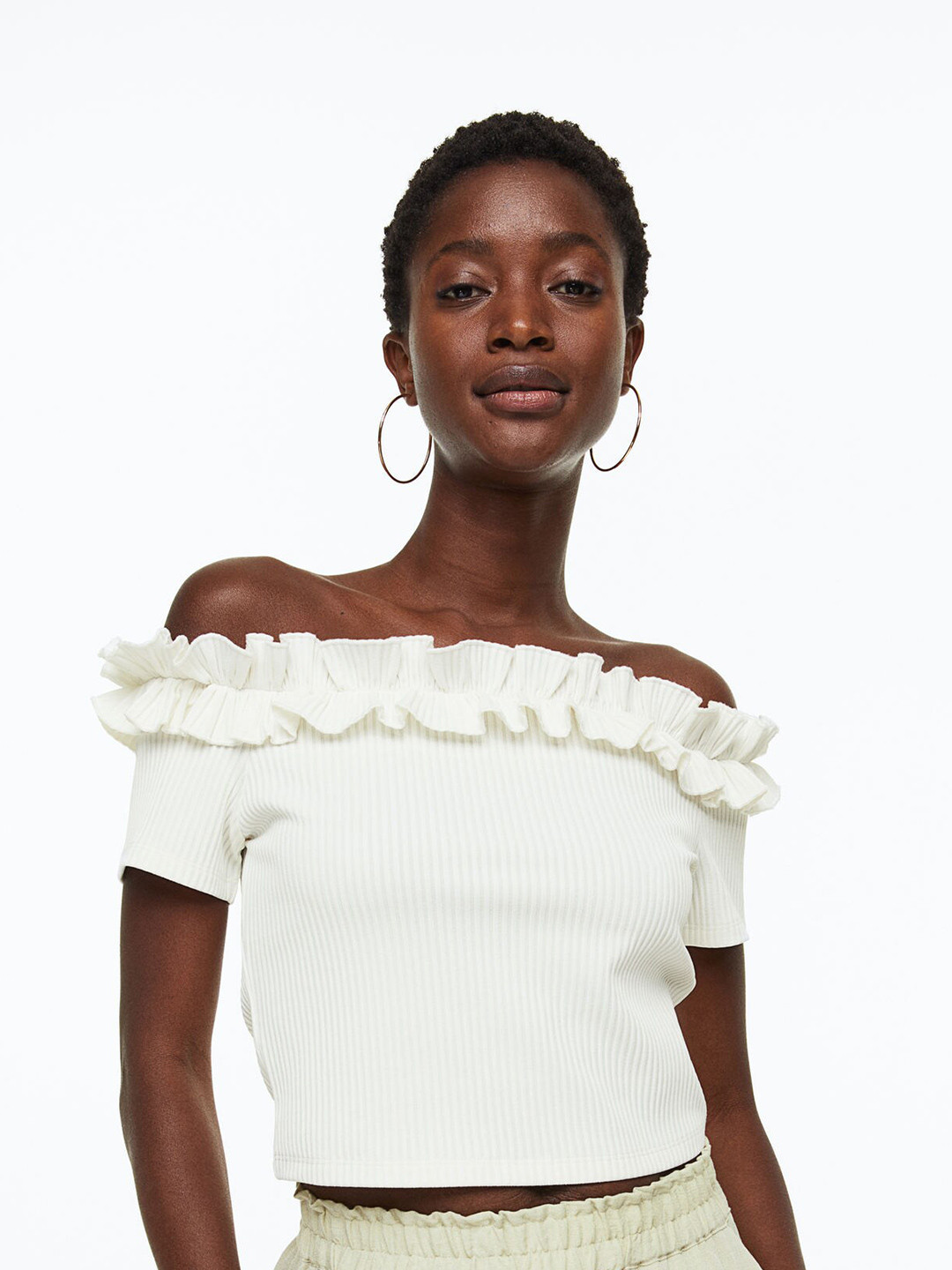 

H&M Women Frill-Trimmed Off-The-Shoulder Top, White