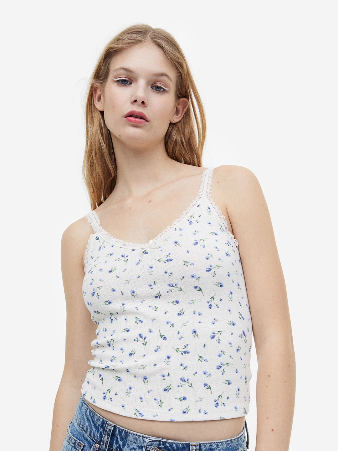 

H&M Women Lace-Trimmed Ribbed Vest Top, White