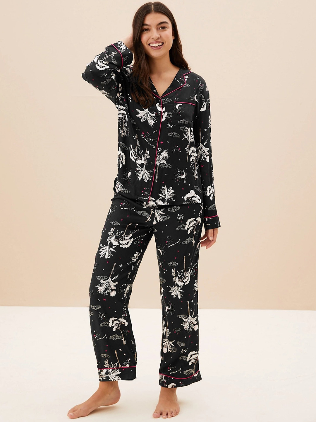 

Marks & Spencer Women Conversational Printed Night Suit, Black
