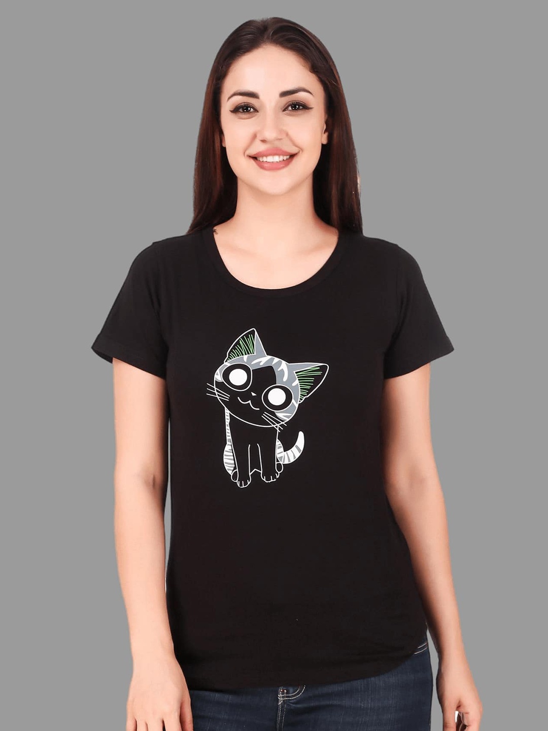 

TRENDY RABBIT Women Graphic Printed Cotton T-shirt, Black