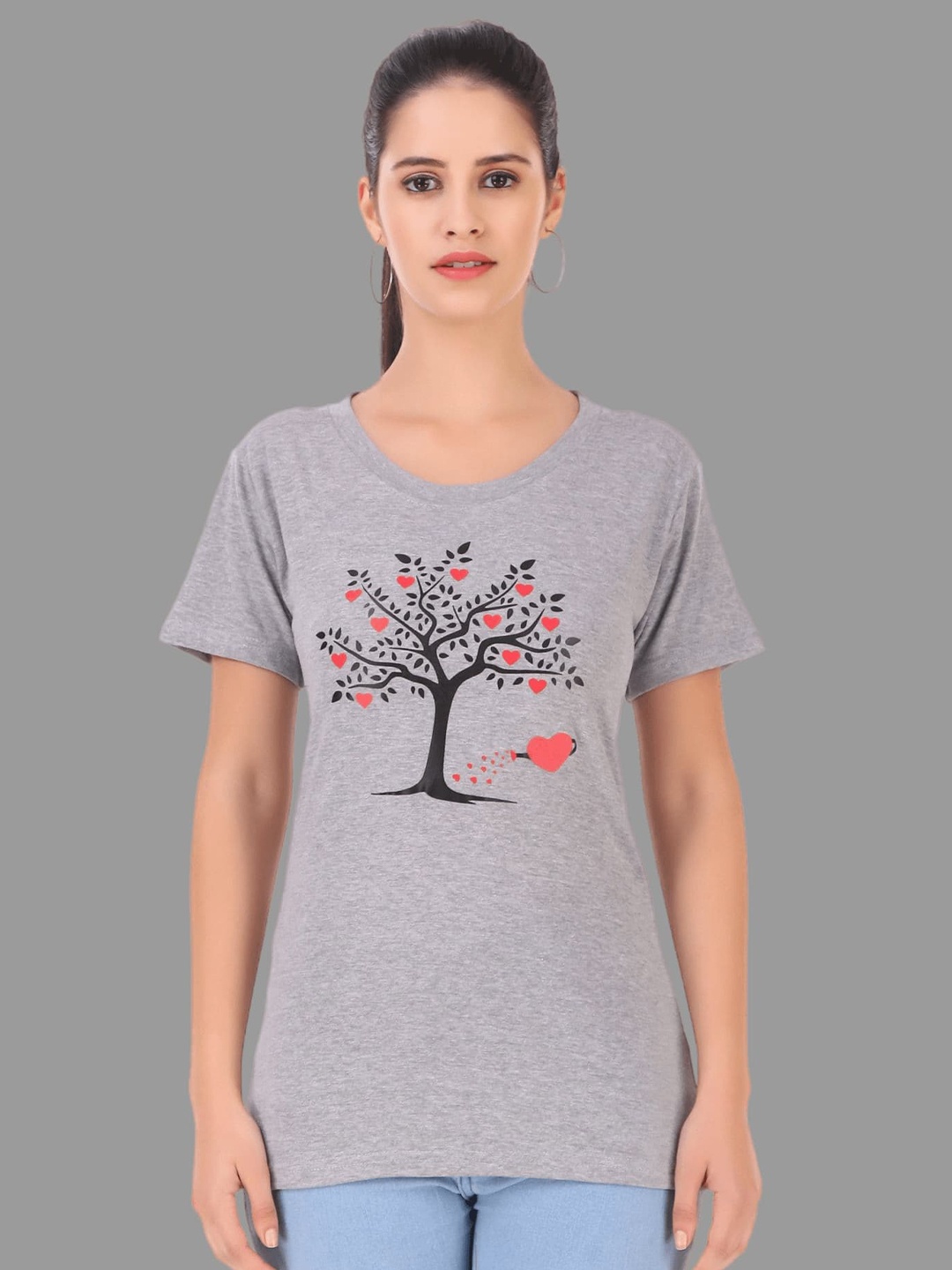 

TRENDY RABBIT Women Printed Cotton T-shirt, Grey melange