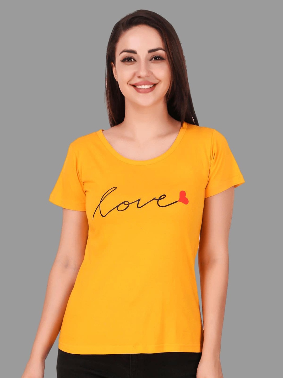 

TRENDY RABBIT Women Typography Printed Cotton T-shirt, Mustard