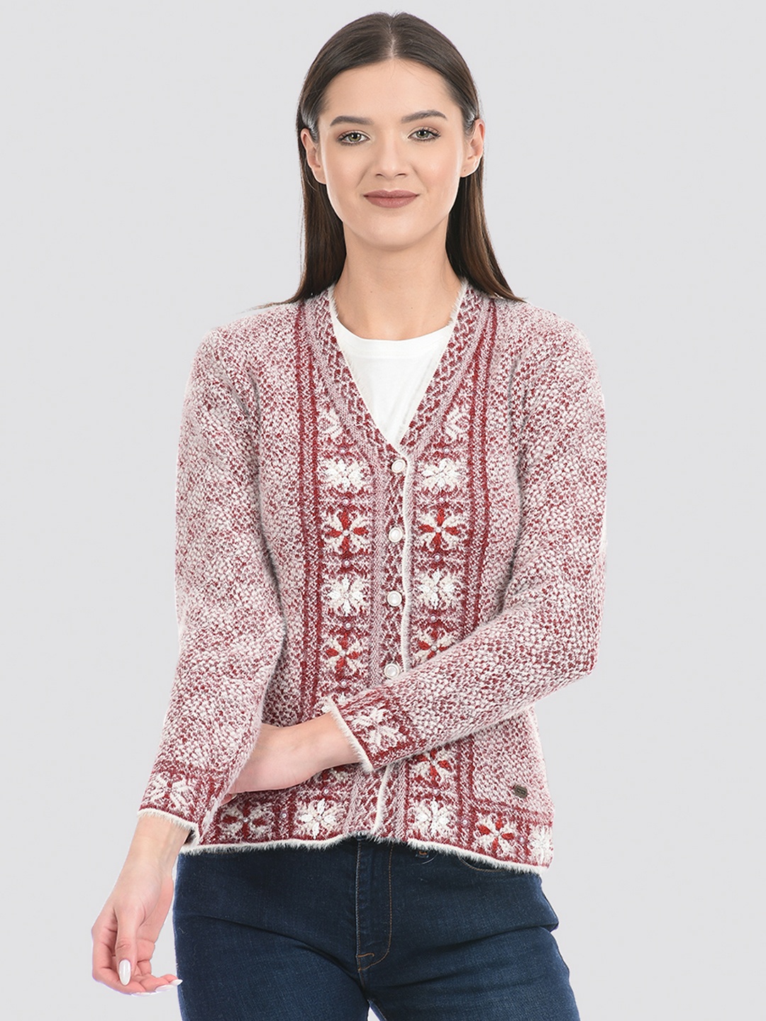 

Cloak & Decker by Monte Carlo Women Self Design Cardigan Acrylic Sweater, Maroon