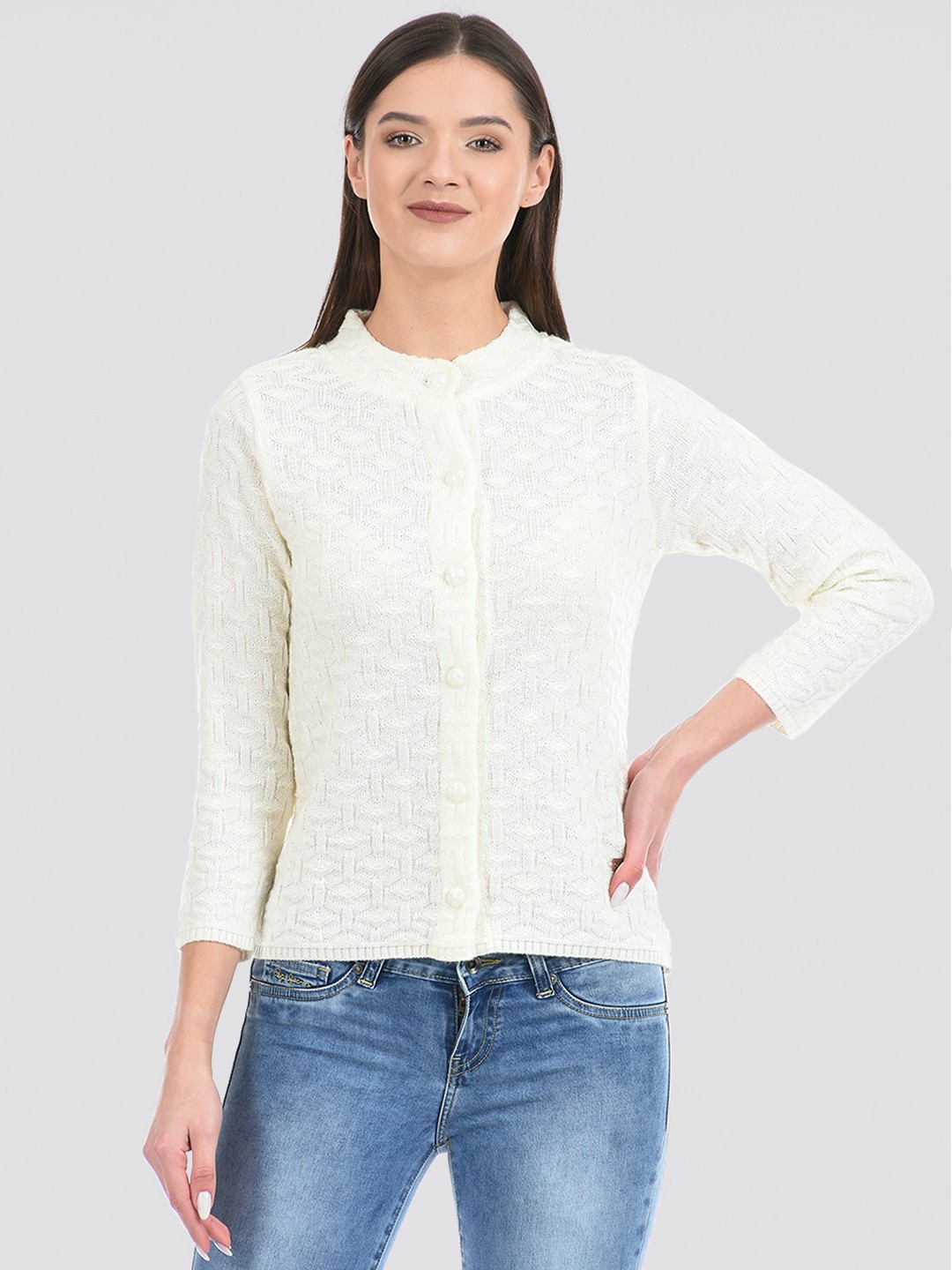 

Cloak & Decker by Monte Carlo Women Self Design Acrylic Cardigan Sweater, White