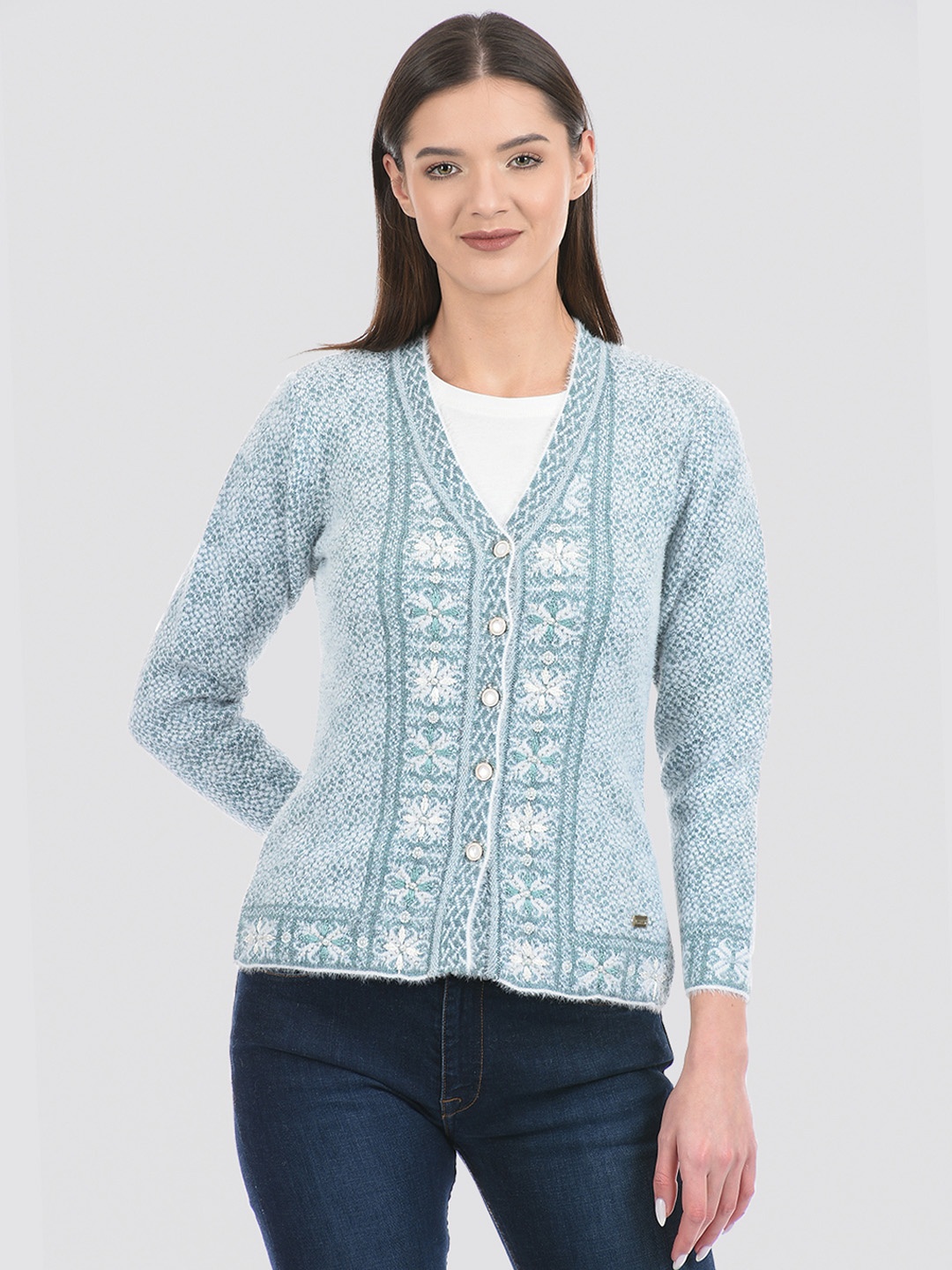 

Cloak & Decker by Monte Carlo Women Floral Acrylic Cardigan with Fuzzy Detail, Blue