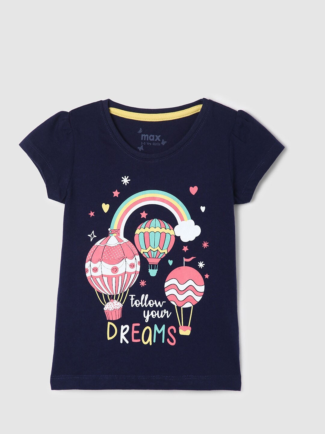 

max Girls Printed Round Neck Cotton T-shirt, Navy blue
