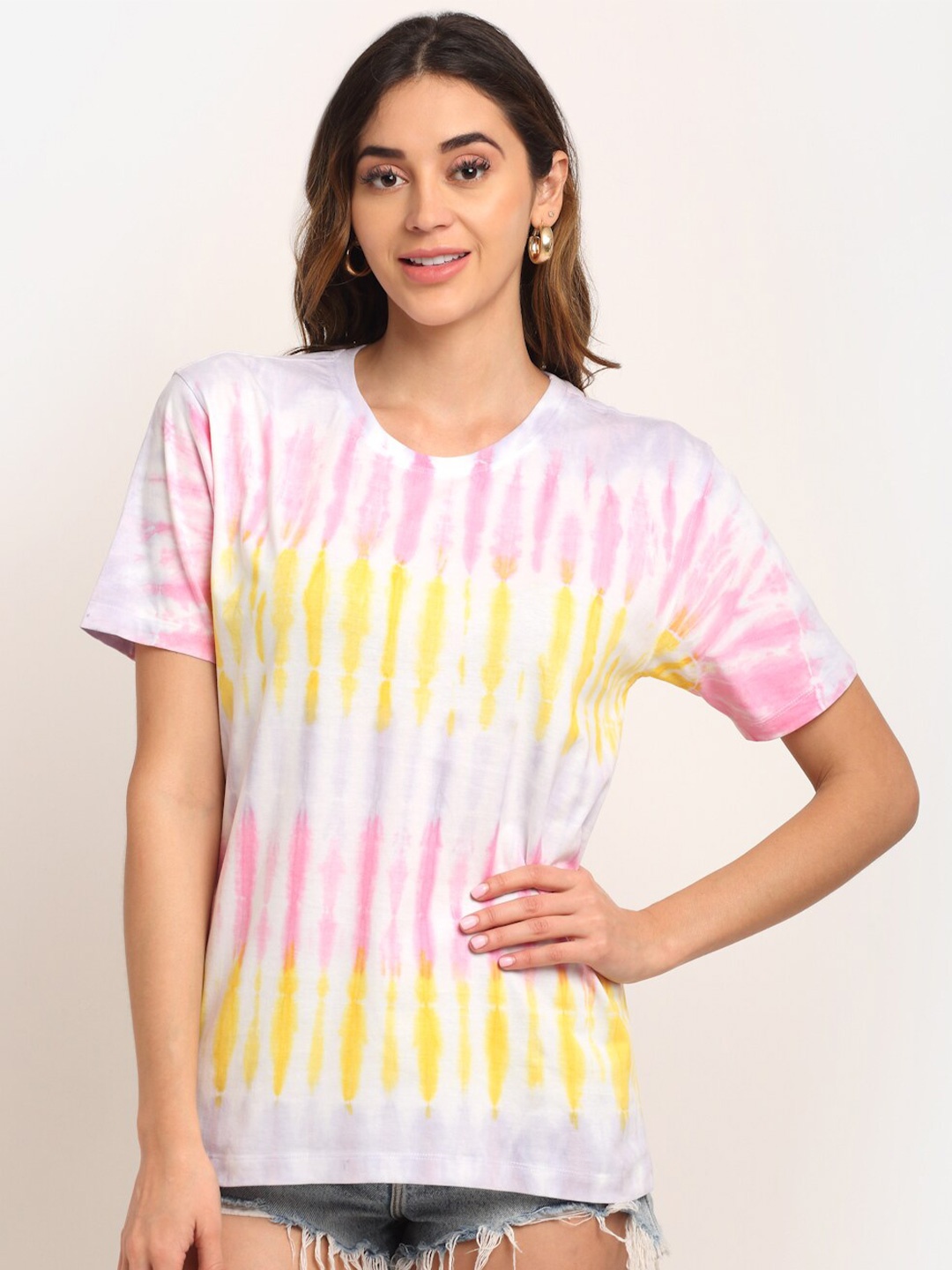 

Ennoble Women Tie and Dye Loose Pure Cotton T-shirt, White