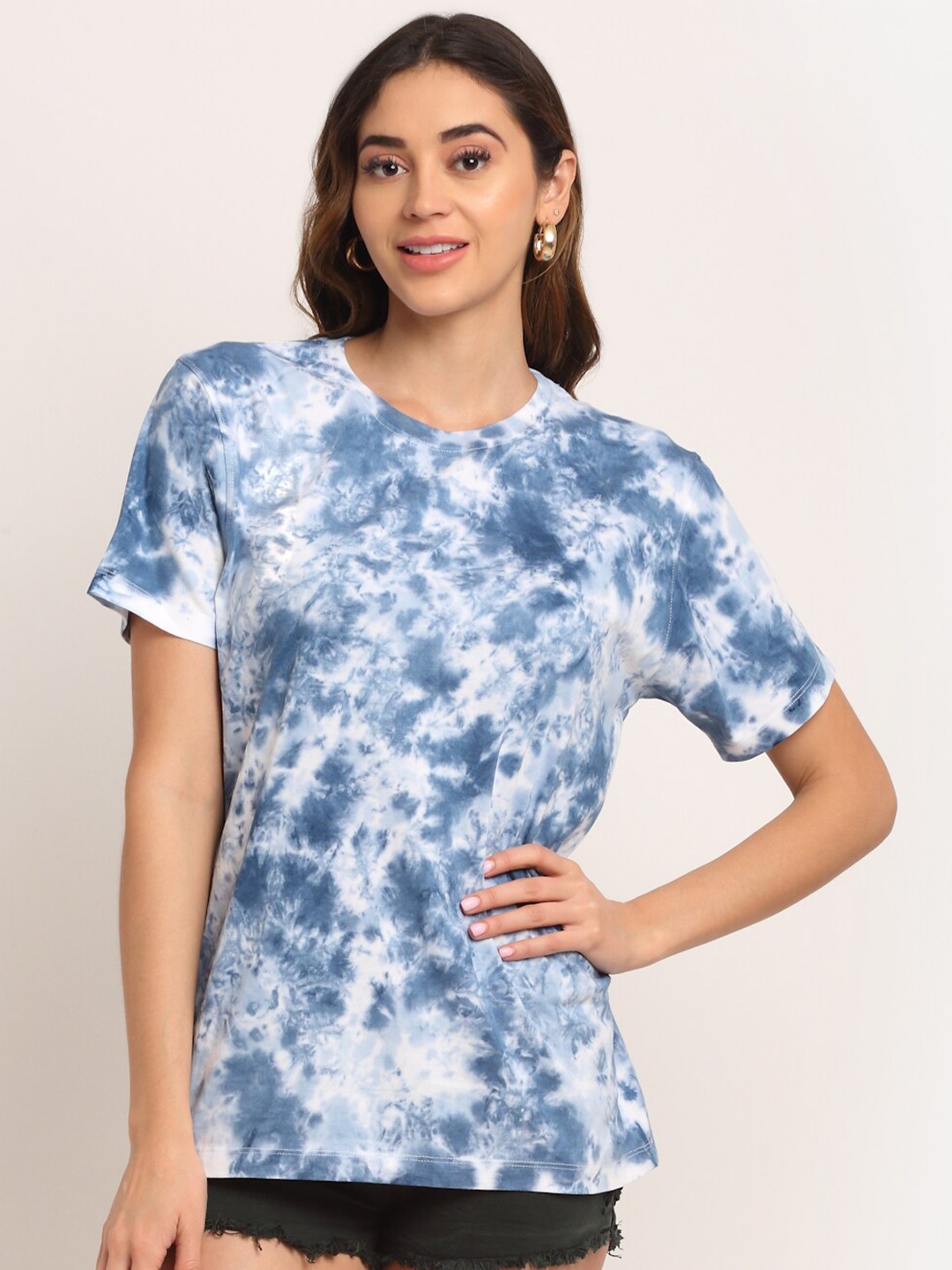 

Ennoble Blue Tie and Dye Round Neck Loose Cotton T-shirt