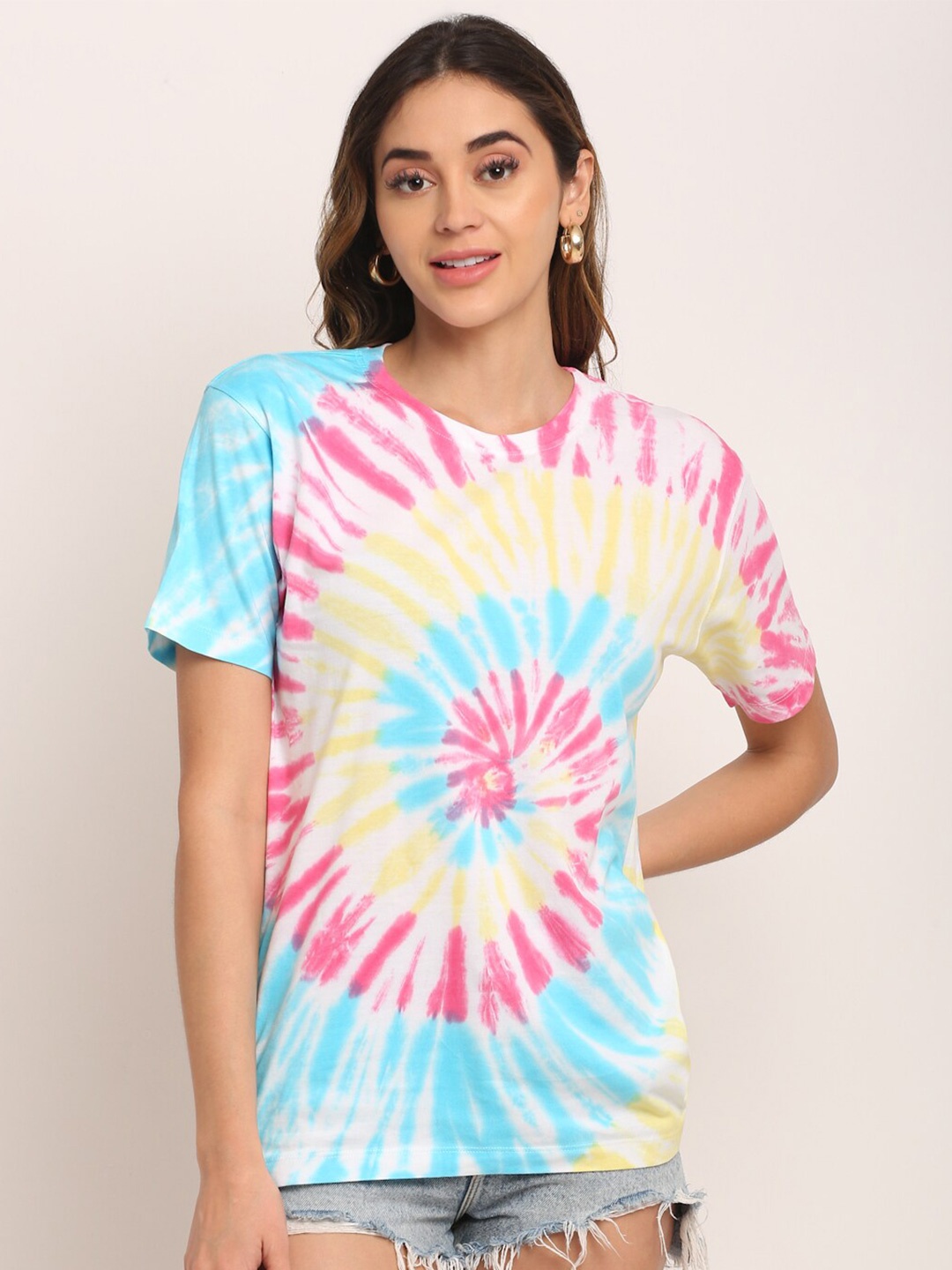 

Ennoble Tie and Dye Round Neck Loose Cotton T-shirt, Blue