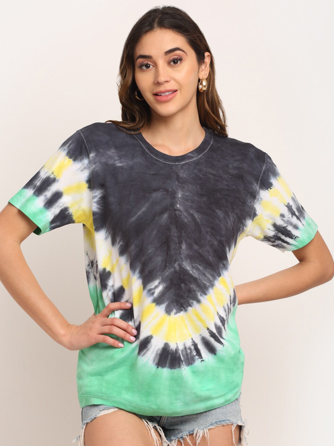 

Ennoble Women Tie and Dyed Loose Cotton T-shirt, Charcoal