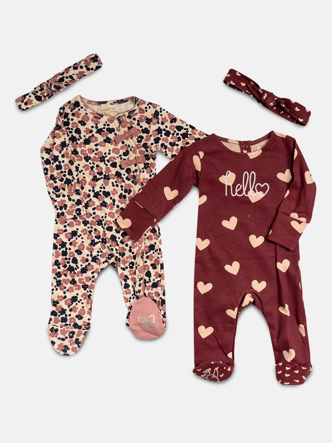 

Angel & Rocket Infants Boys Pack of 2 Printed Organic Cotton Rompers with Hairband, Maroon