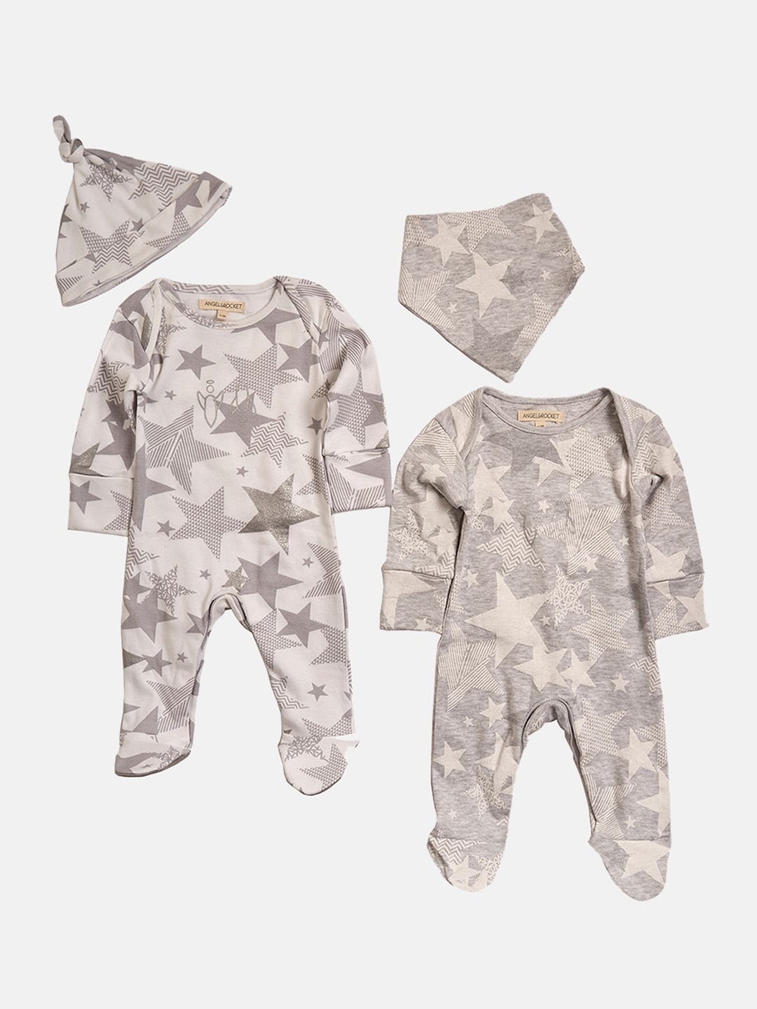 

Angel & Rocket Infants Boys Pack Of 2 Printed Cotton Sleepsuits With Cap, Grey