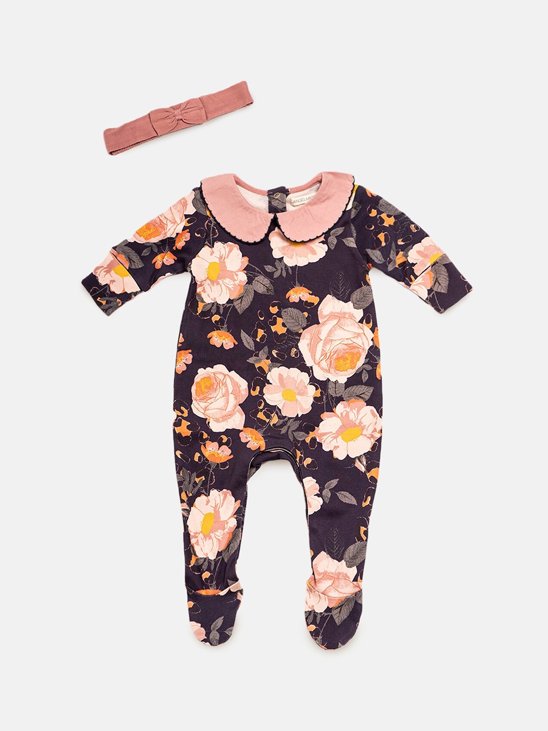 

Angel & Rocket Infant Girls Floral Printed Cotton Sleepsuit With Headband, Black