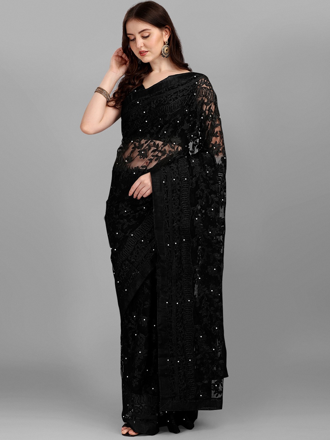 

Ethnic Yard Floral embroidered Saree, Black