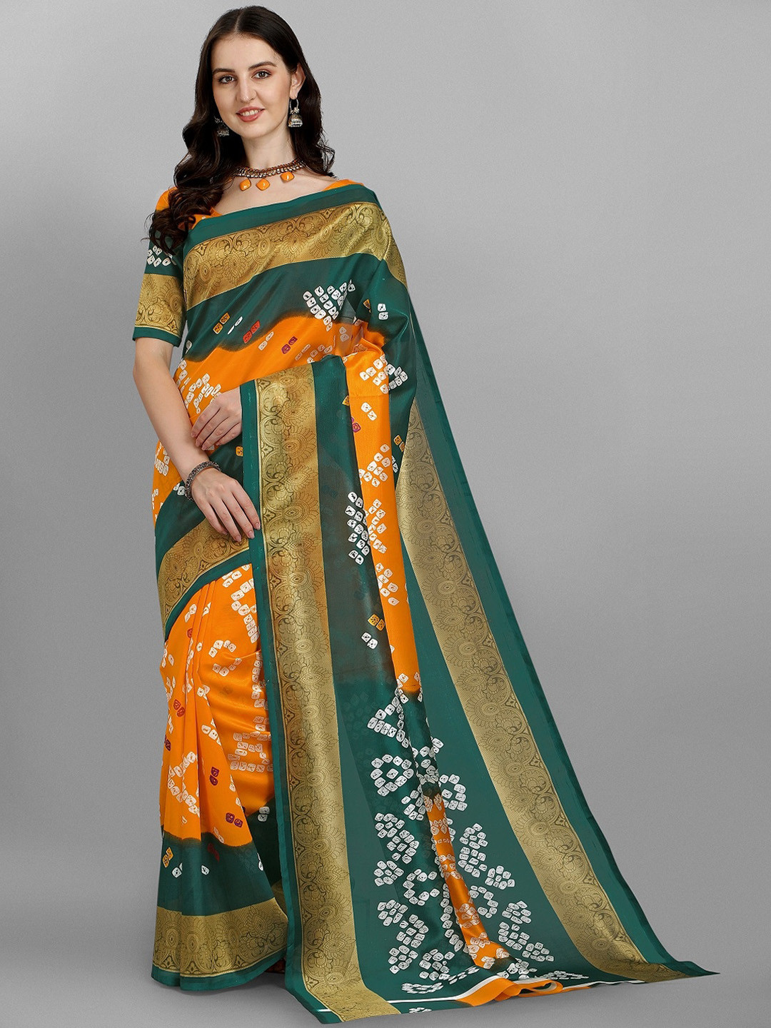 

Ethnic Yard Bandhani Woven Design Saree, Green