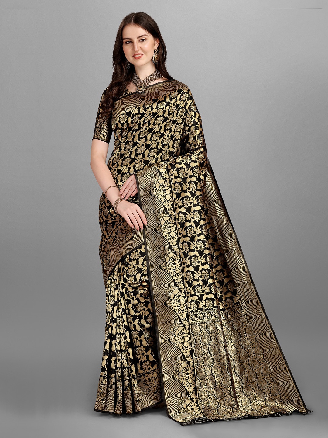 

Ethnic Yard Floral Woven Design Saree, Black