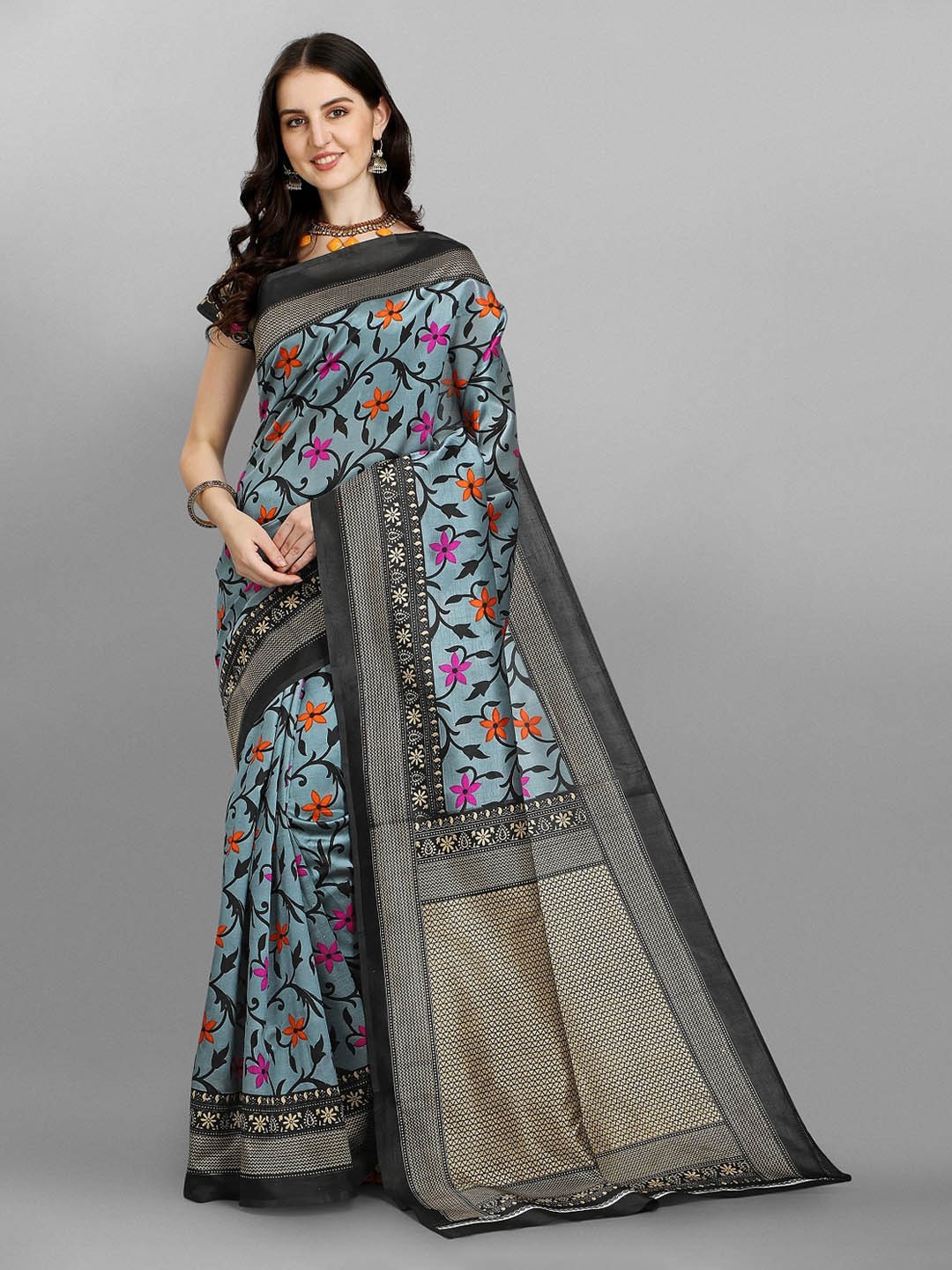 

Ethnic Yard Floral Printed Saree, Blue