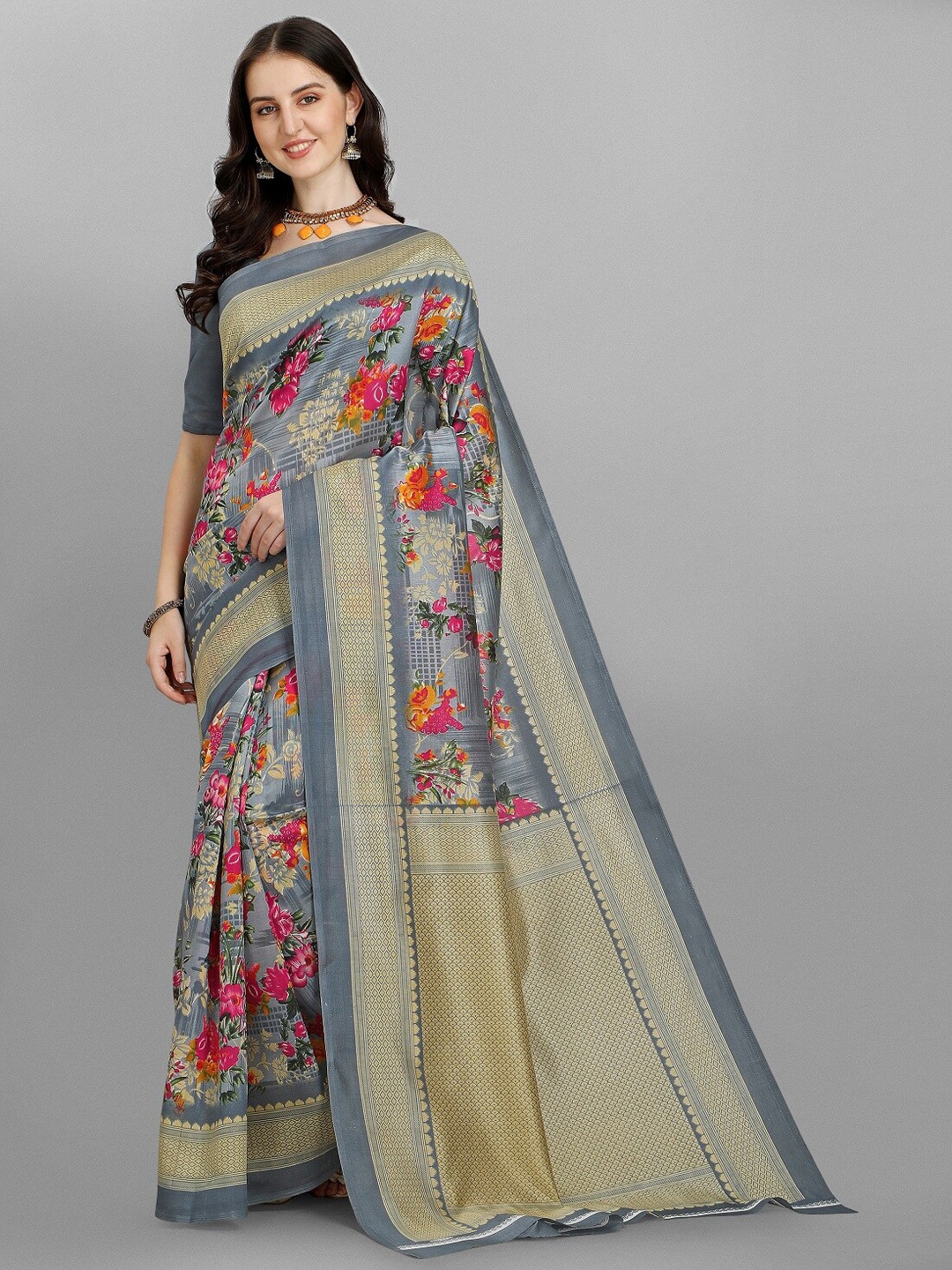 

Ethnic Yard Floral Printed Saree, Grey