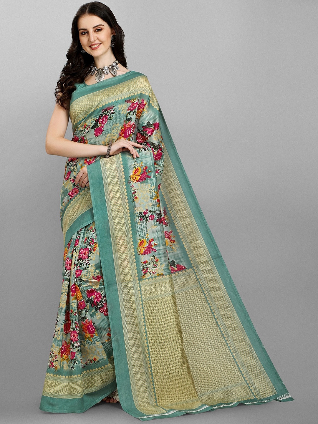 

Ethnic Yard Floral Printed Woven Design Border Saree, Green