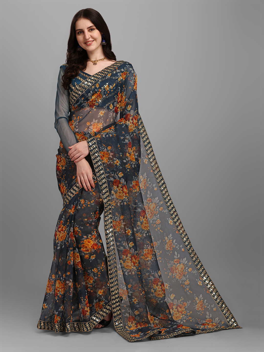 

Ethnic Yard Floral Printed Sequined Border Saree, Blue