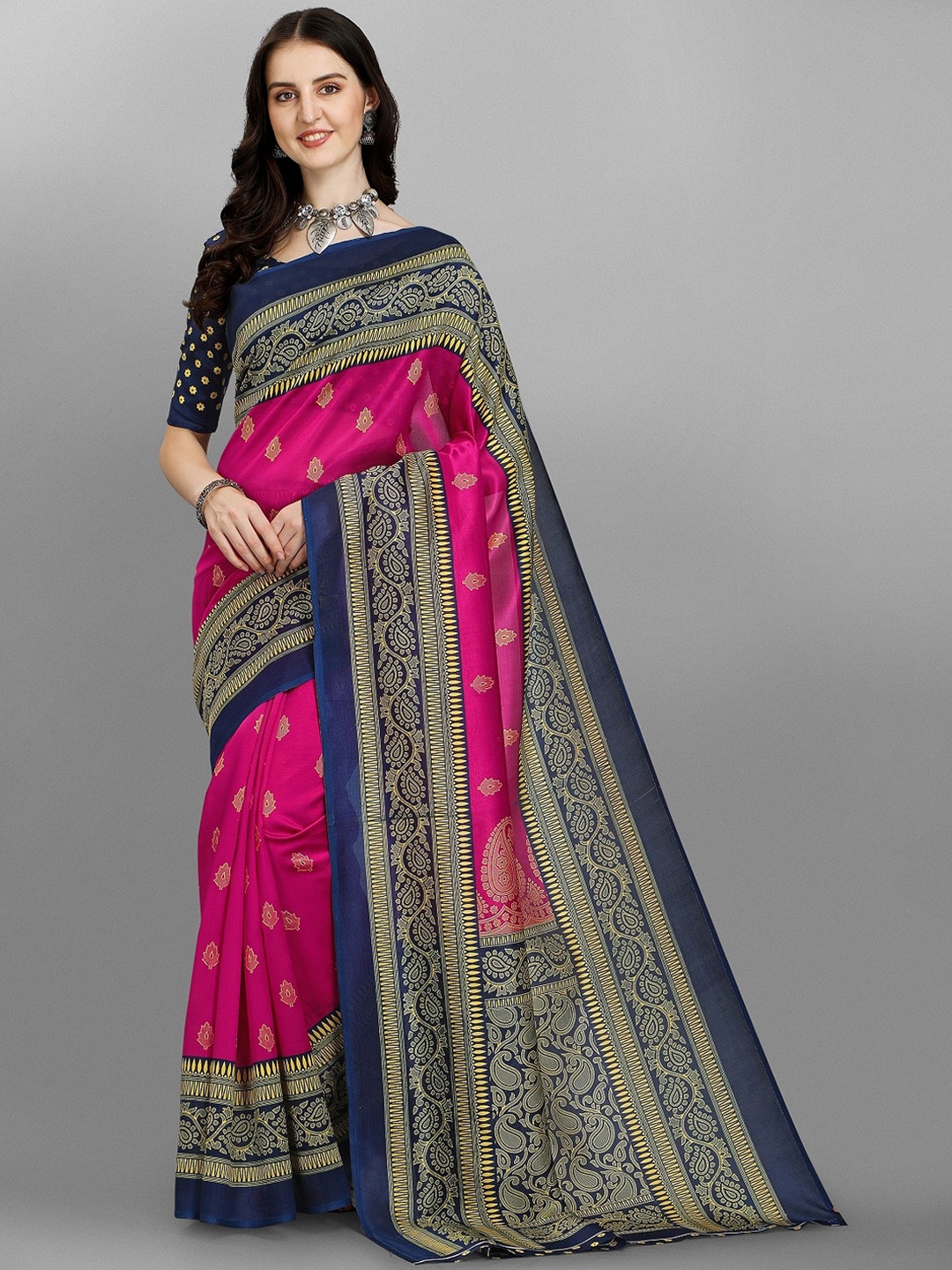 

Ethnic Yard Paisley Printed Saree With Printed Border, Blue