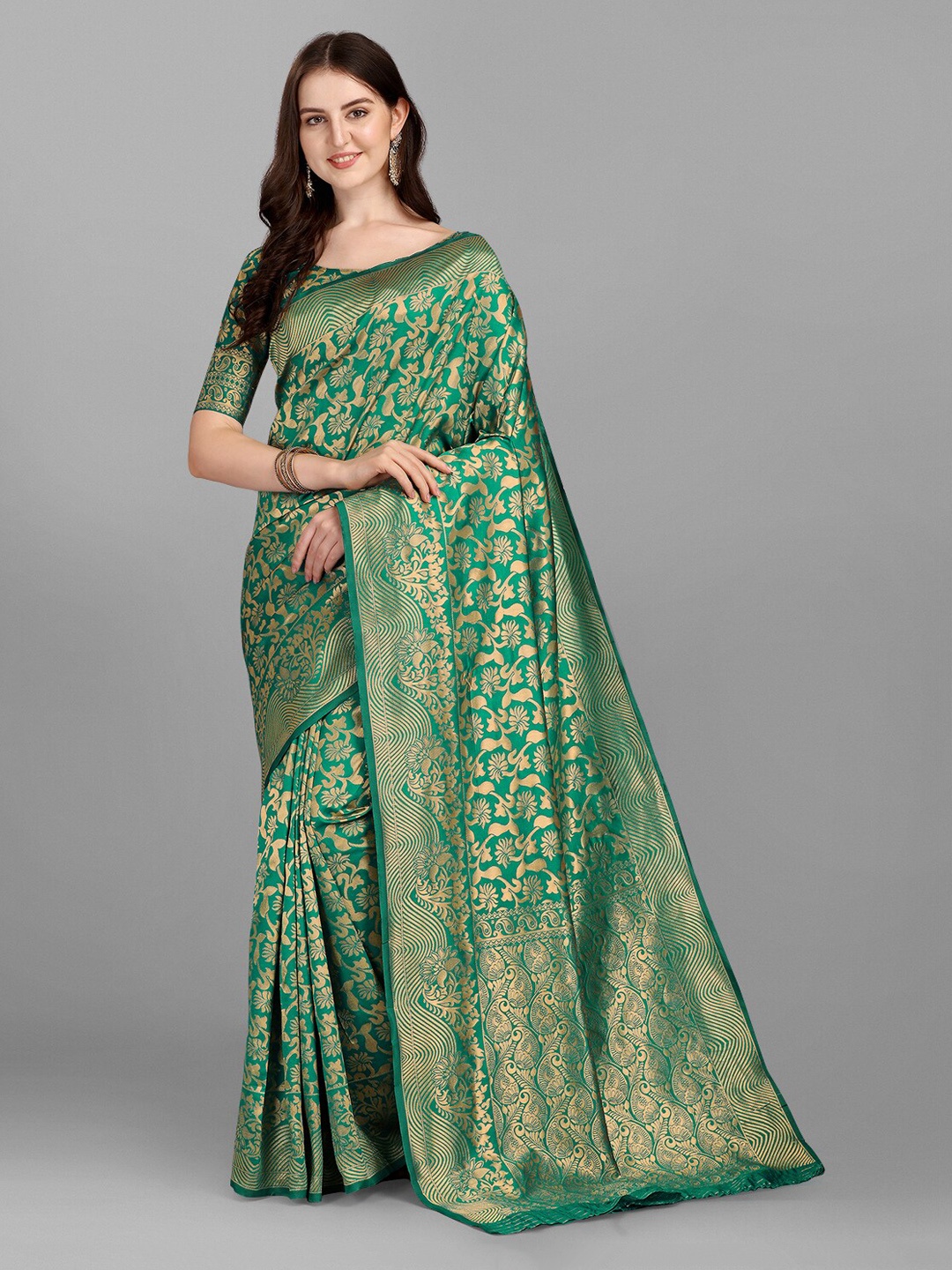 

Ethnic Yard Floral Woven Design Saree, Green