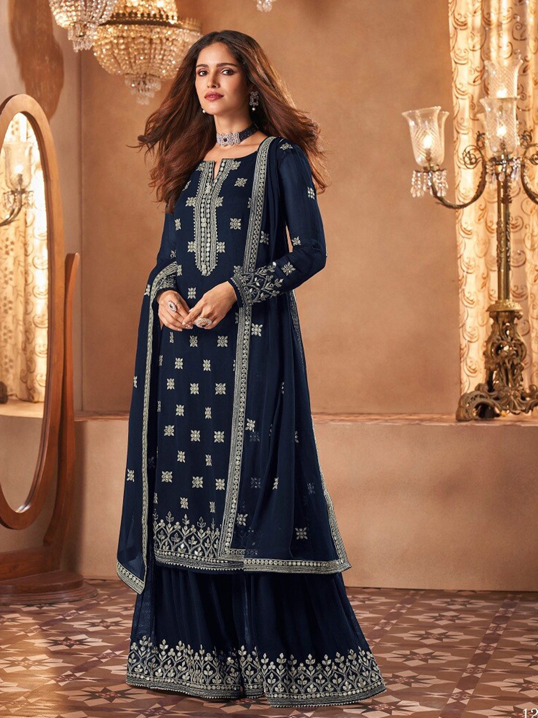 

Ethnic Yard Embroidered Semi-Stitched Dress Material, Navy blue