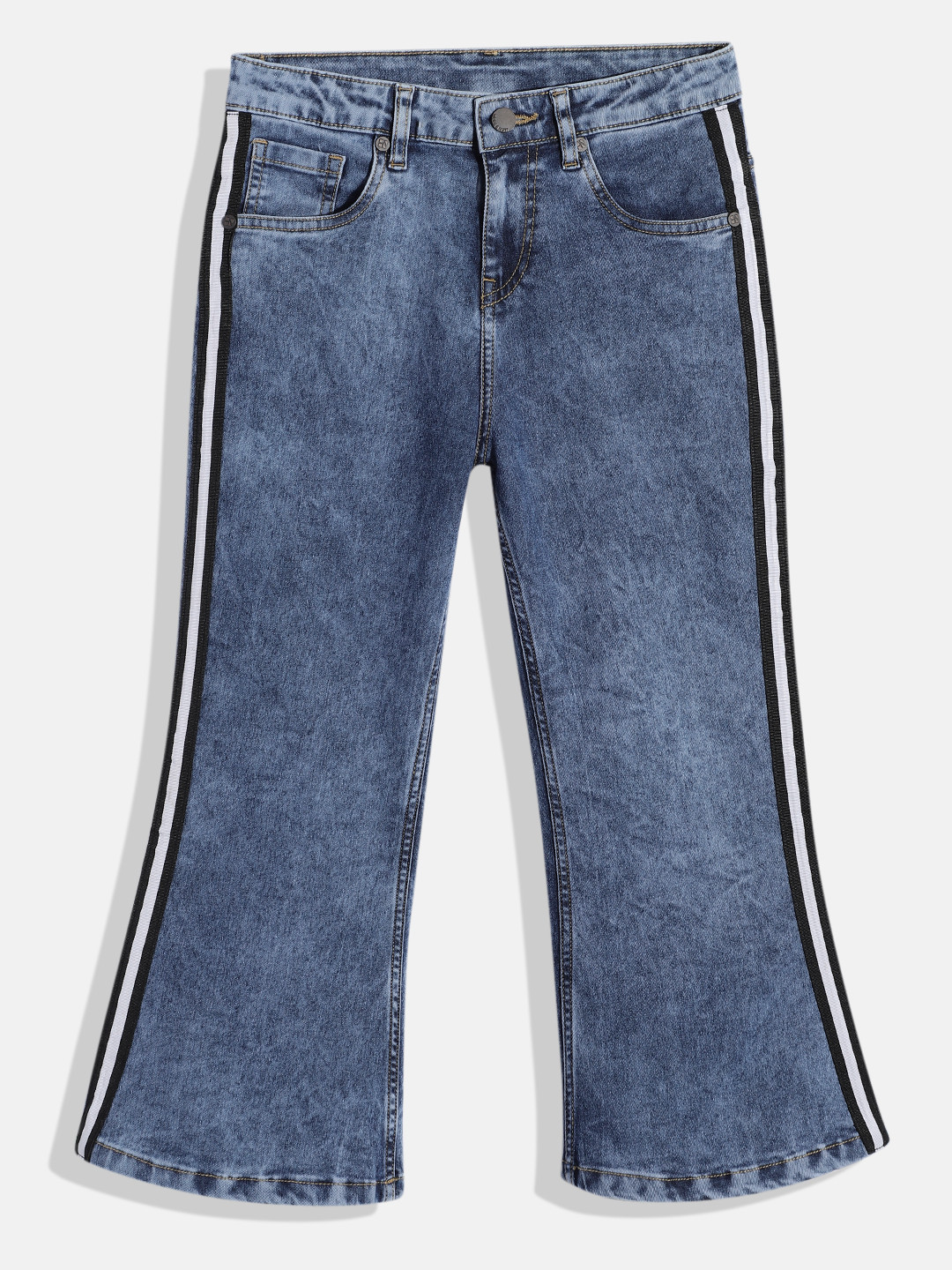 

HERE&NOW Girls Wide Leg Loose Fit Heavy Fade Stretchable Jeans, Blue