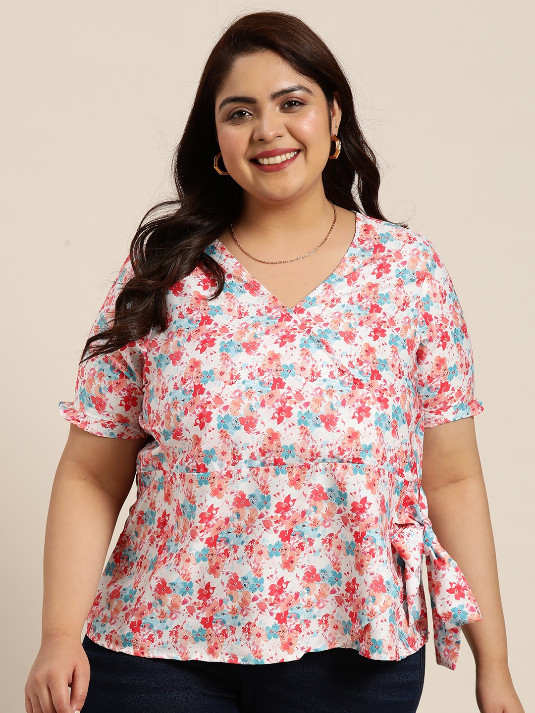 

Sztori Plus Size Floral Printed Wrap Top, White