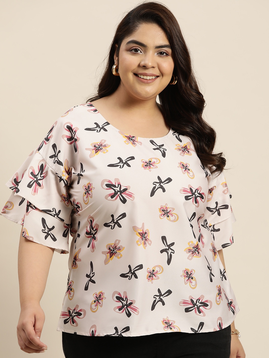 

Sztori Plus Size Floral Print Flutter Sleeve Top, Beige