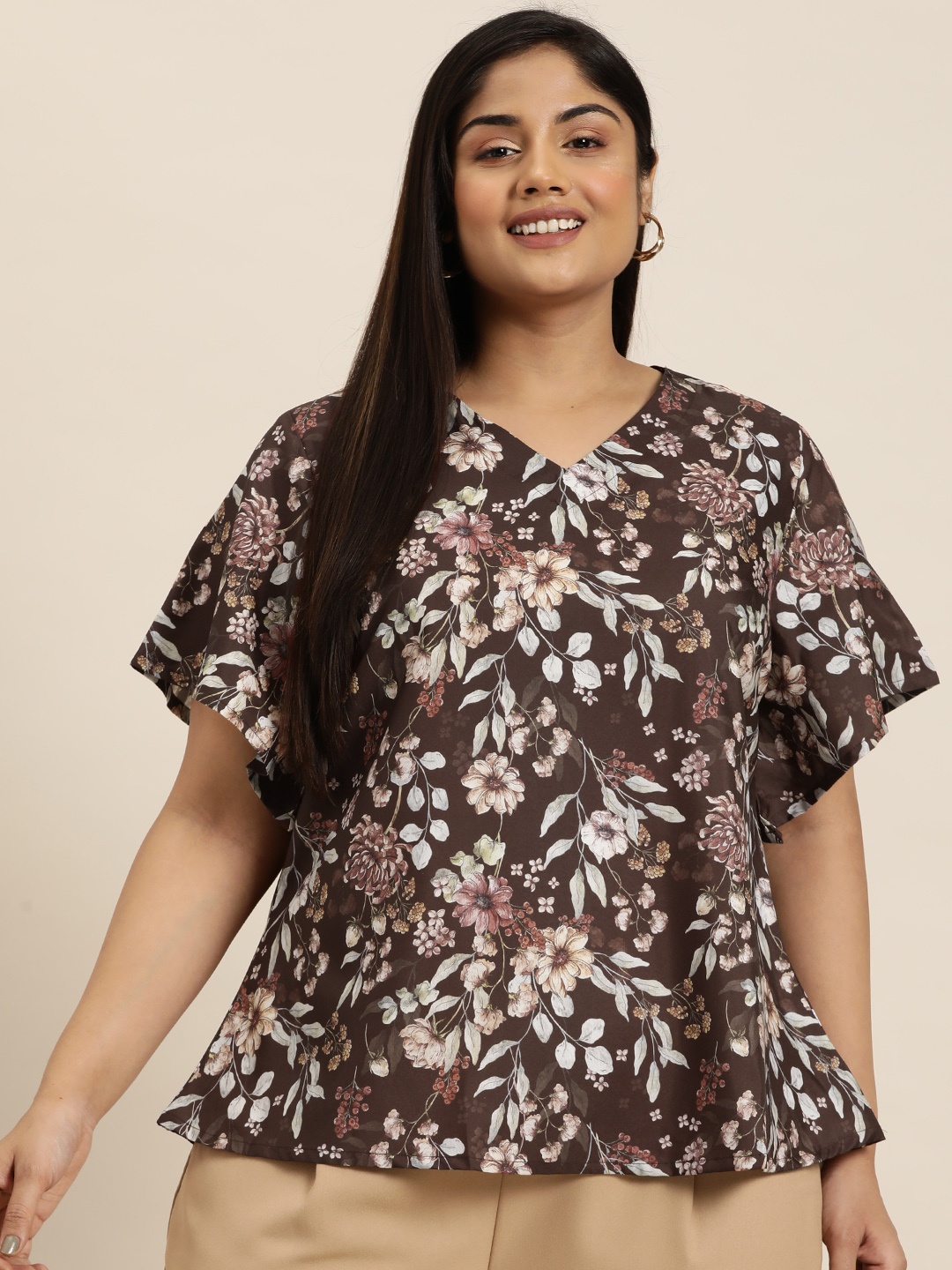 

Sztori Plus Size Floral Printed Flared Sleeves Regular Top, Brown