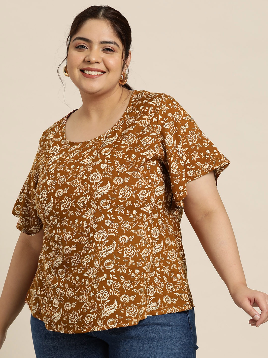 

Sztori Plus Size Floral Print Flared Sleeves Top, Brown