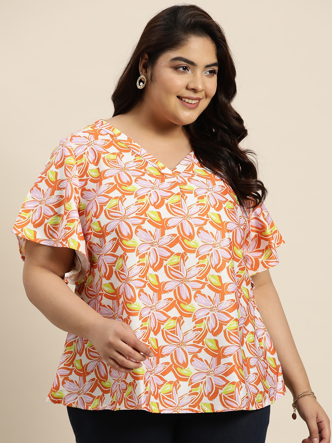 

Sztori Plus Size Floral Print Flutter Sleeve Top, Orange