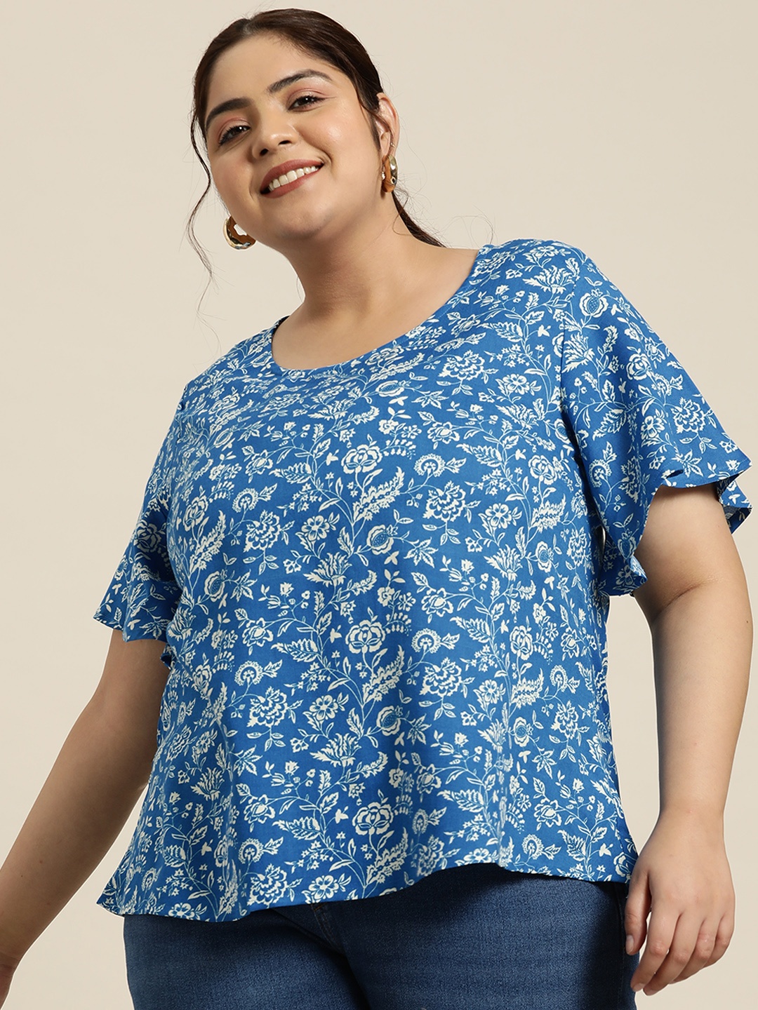 

Sztori Plus Size Floral Print Flared Sleeves Top, Blue